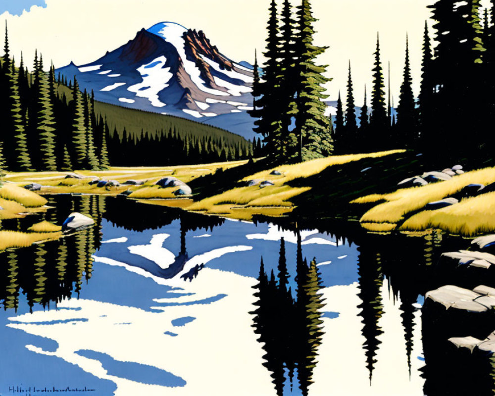 Tranquil mountain landscape with reflective lake and coniferous trees