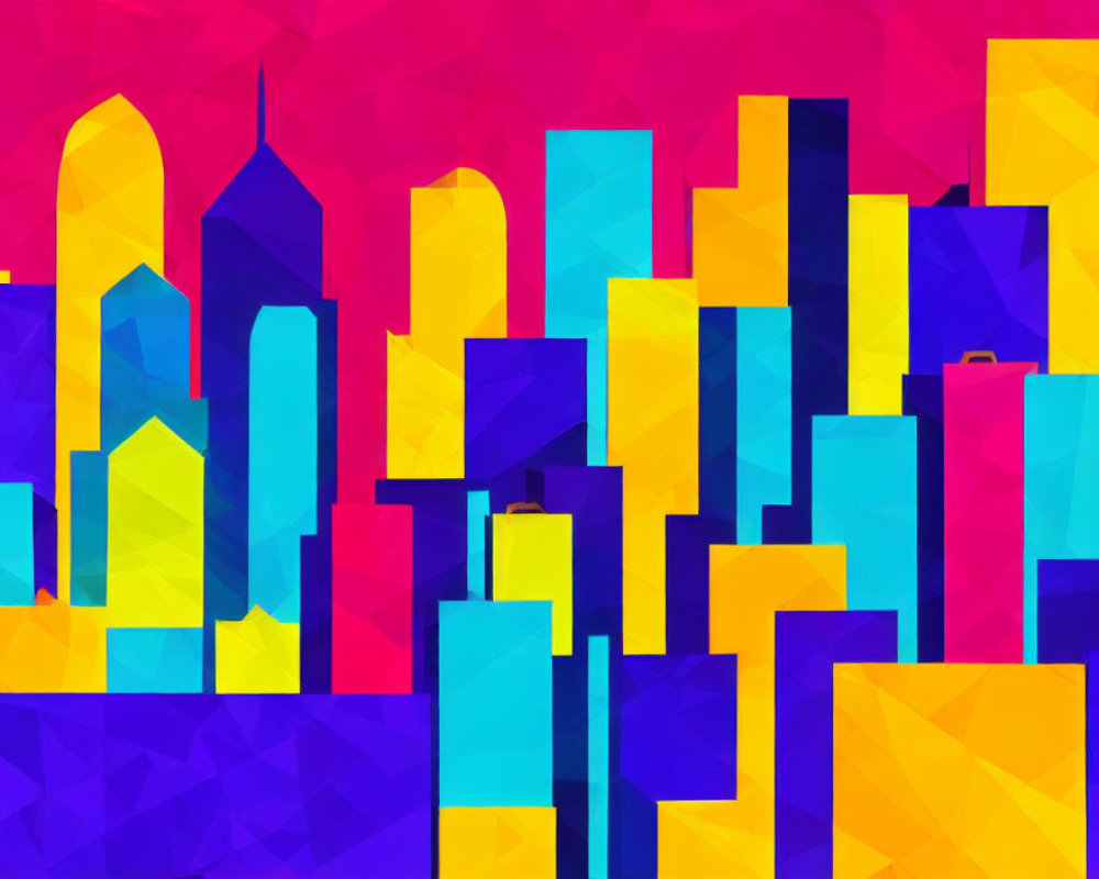 Vibrant Abstract Geometric Cityscape in Blue, Purple, Red & Yellow