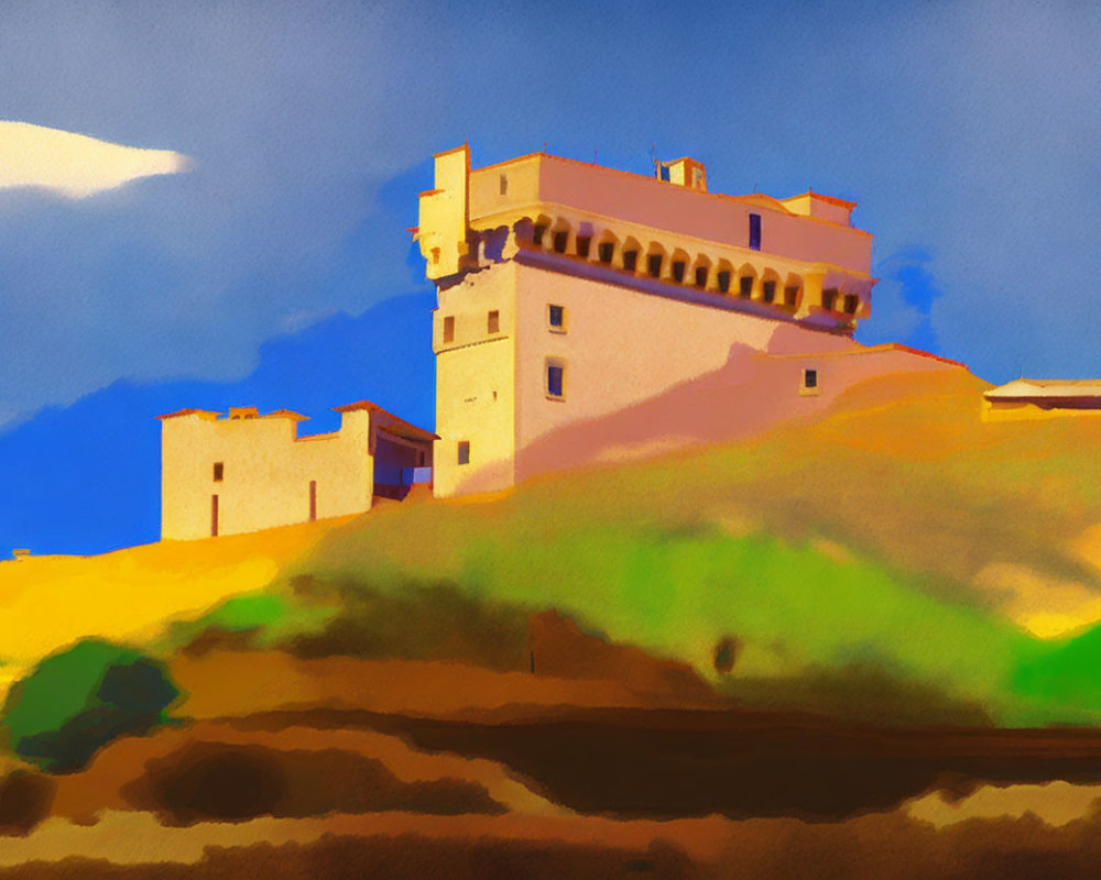 Colorful Hilltop Building Painting with Blue Sky