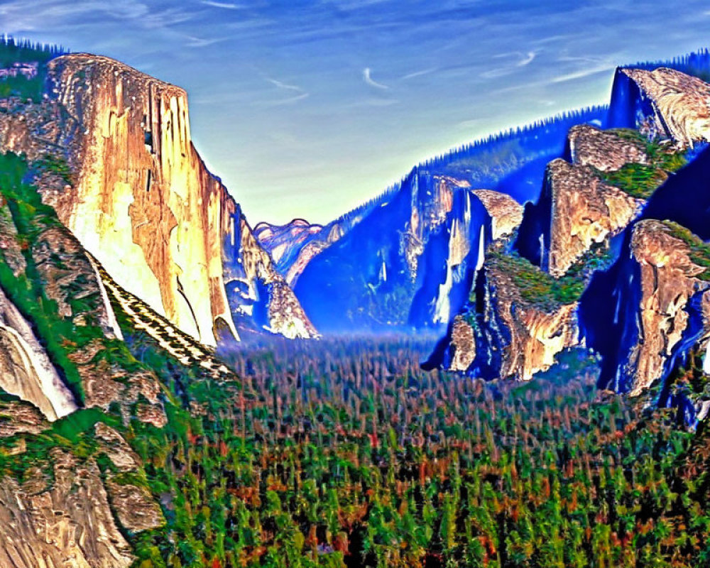 Scenic Yosemite Valley with El Capitan and Half Dome in a stylized image