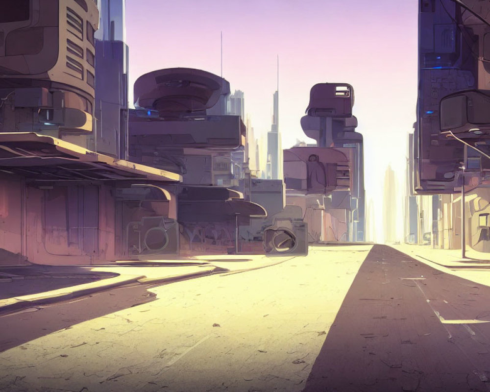 Deserted futuristic city street with tall shadowy buildings under hazy sky