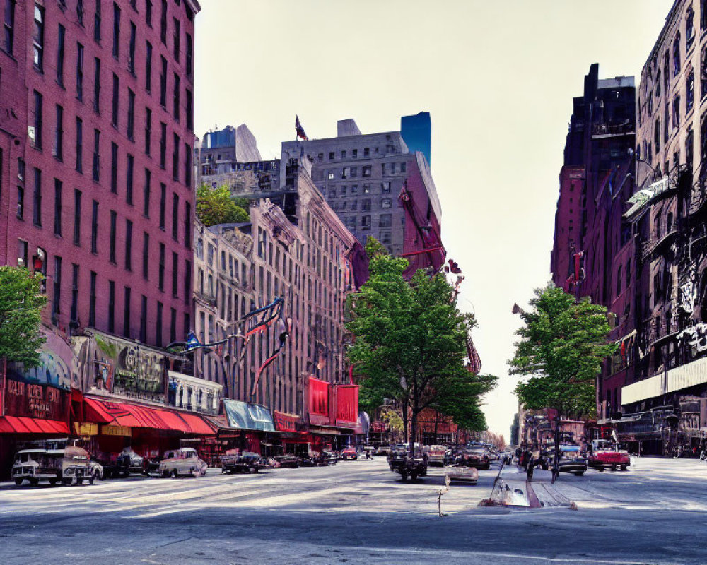 Urban street scene with trees, parked cars, pedestrians, and old buildings.