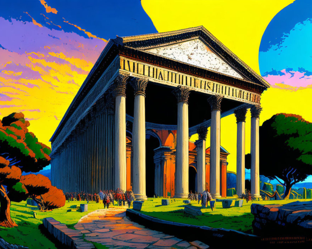 Vibrant Ancient Roman Temple Illustration with Columns and Classical Attire