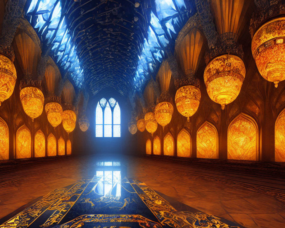 Ornate Grand Hall with Golden Chandeliers and Patterned Ceiling