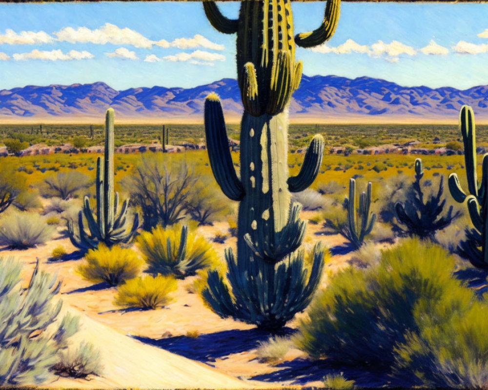 Colorful desert landscape with saguaro cacti and blue sky