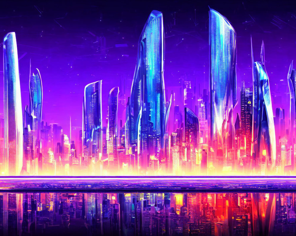 Futuristic cityscape with neon-lit skyscrapers reflecting on glossy surface