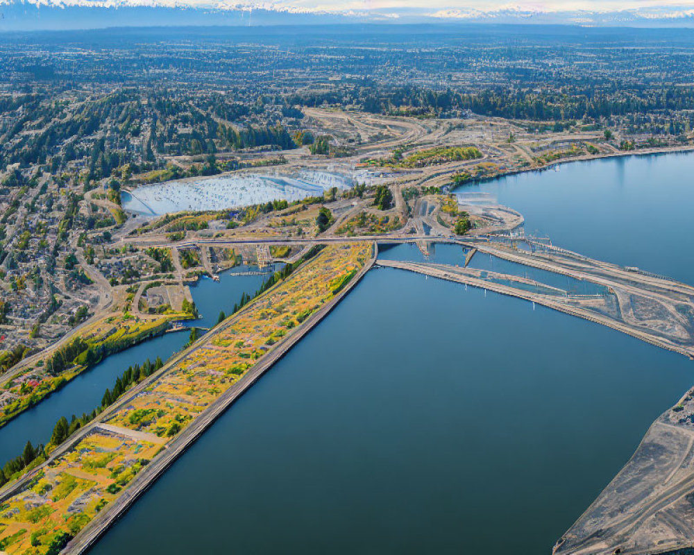 Aerial View of Bridge over River in Urban Landscape