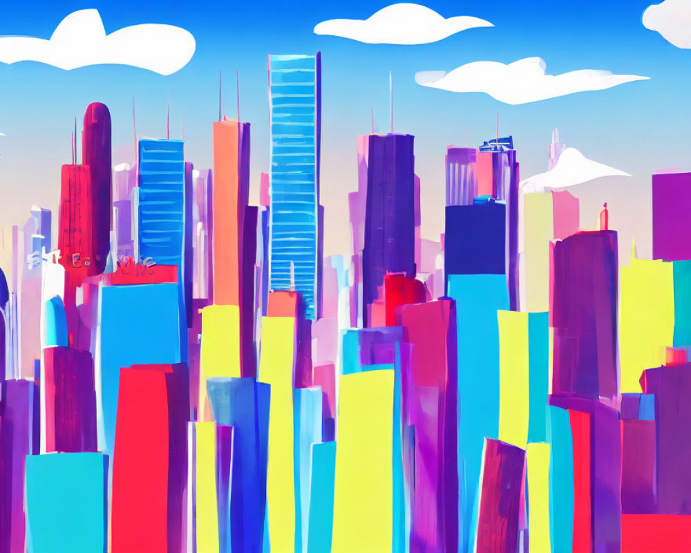 Colorful Abstract Cityscape with Multicolored Skyscrapers on Blue Sky