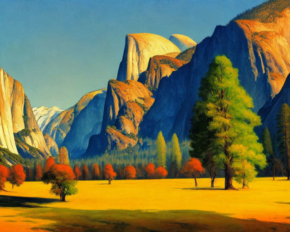 Scenic painting of Yosemite Valley with Half Dome, green trees, and golden meadows