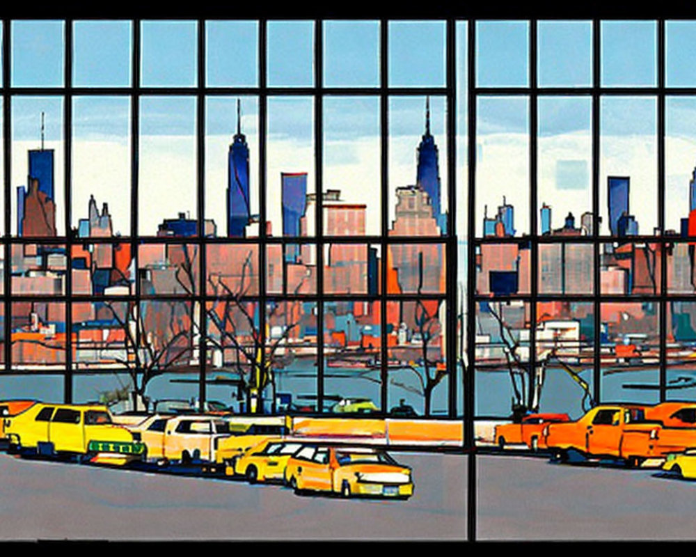 Colorful cityscape illustration with bold outlines and taxis viewed through a window