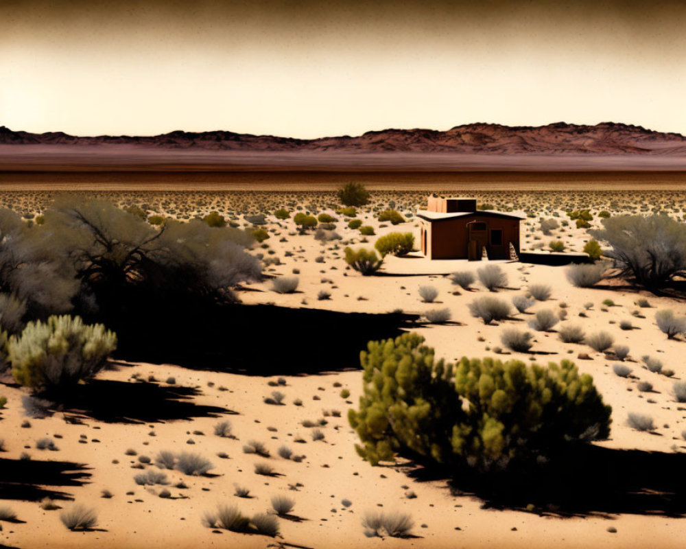 Isolated house in desert with sparse vegetation under hazy sky