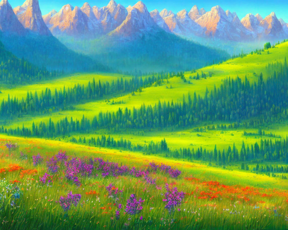 Colorful wildflowers in lush meadows with sunlit mountains and dense forest