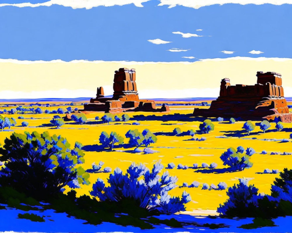 Colorful desert landscape with buttes under blue sky and yellow grasses.