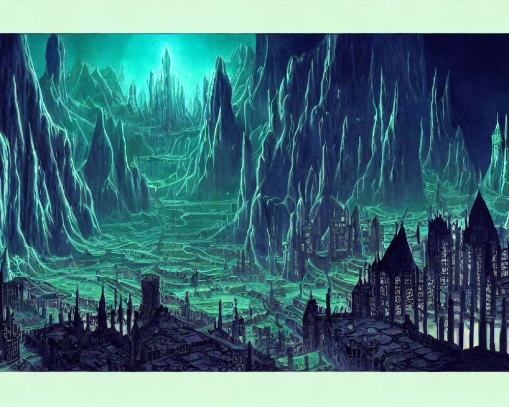 Fantastical cityscape with towering spires and glowing crystalline formations