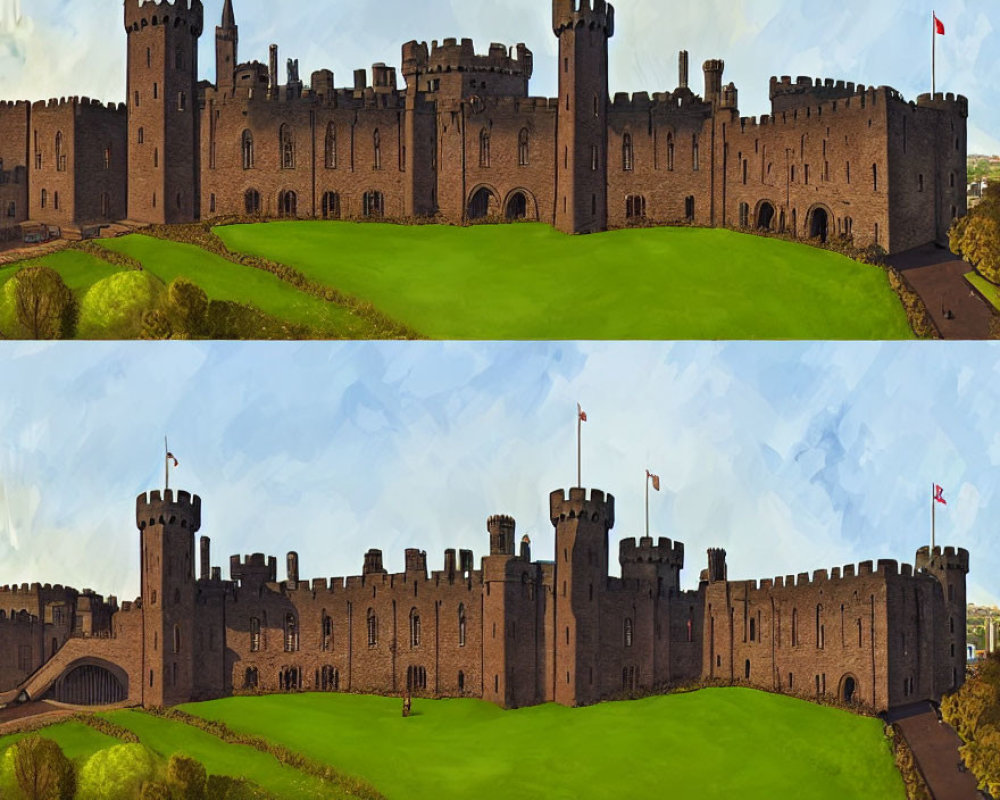 Medieval castle with towers and battlements in green landscape