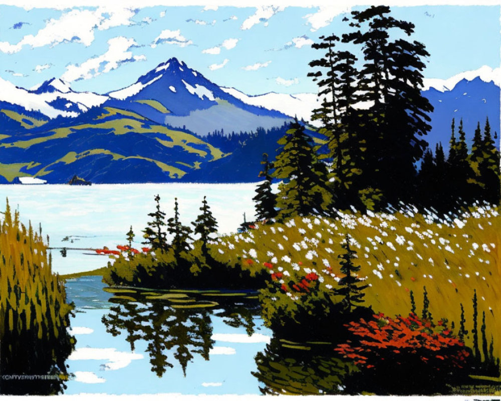 Scenic painting of serene lake, wildflowers, pine trees, and mountains