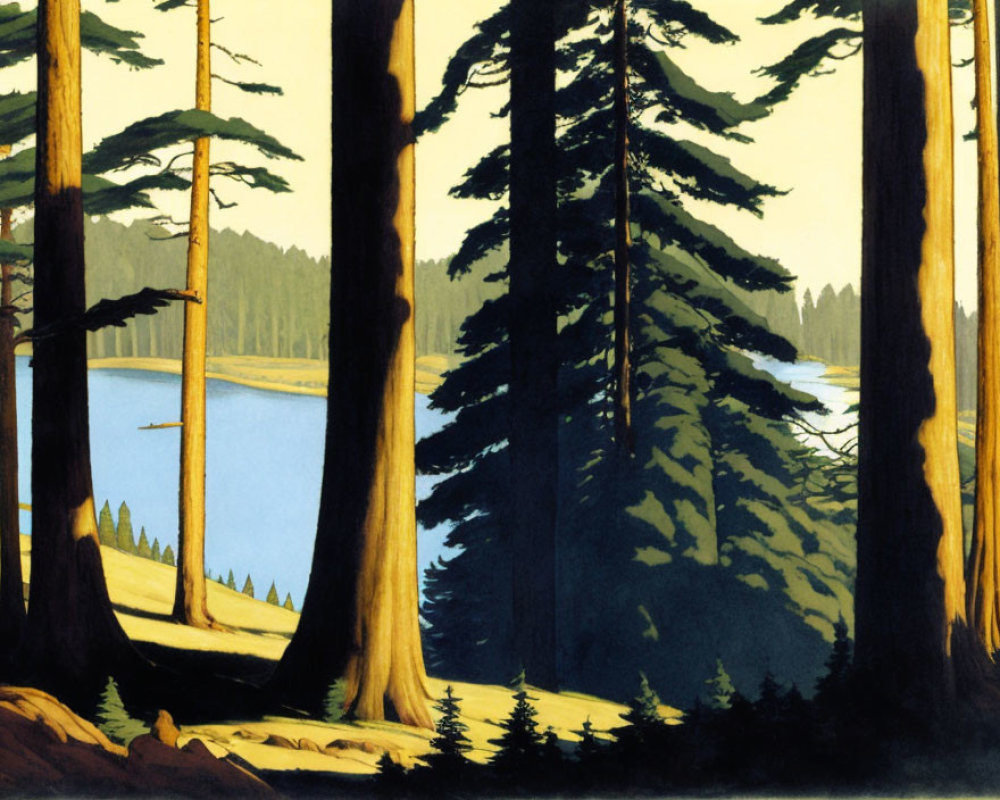 Tranquil lake surrounded by dense coniferous trees