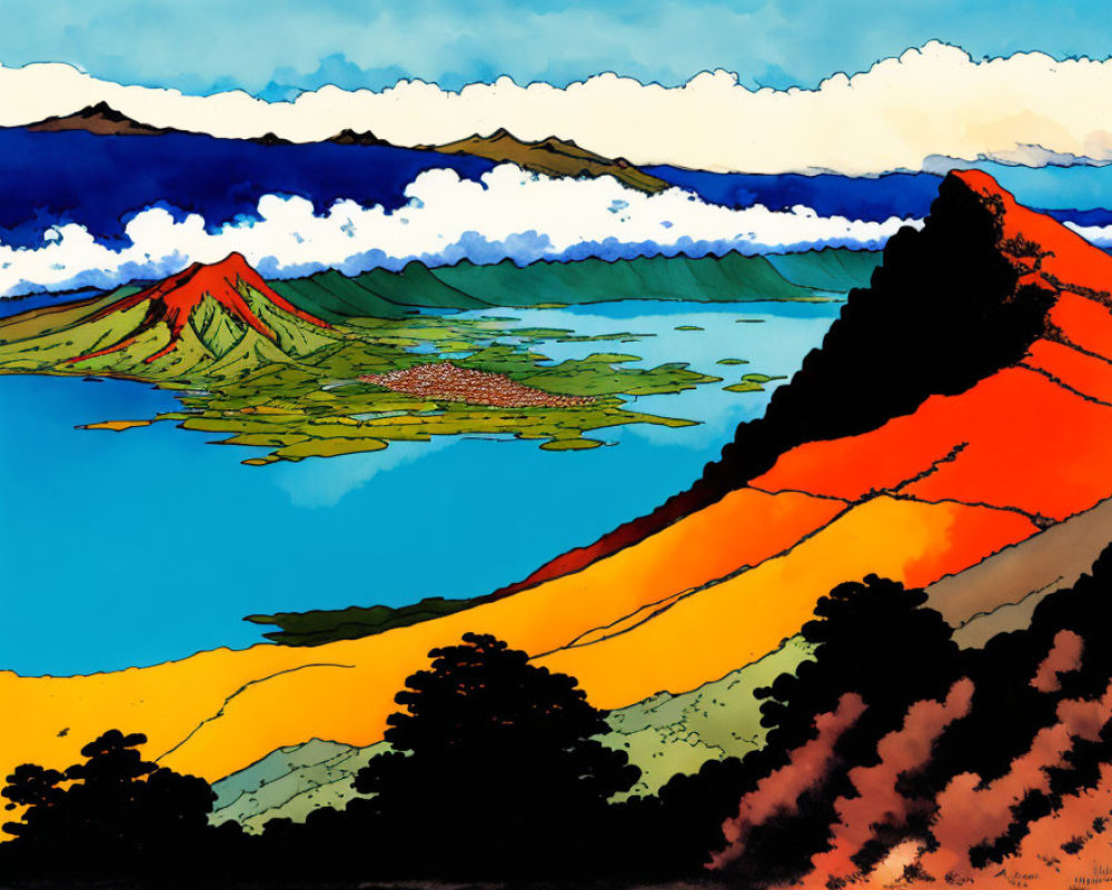 Colorful Landscape with Mountains, Lake, and Textured Terrain