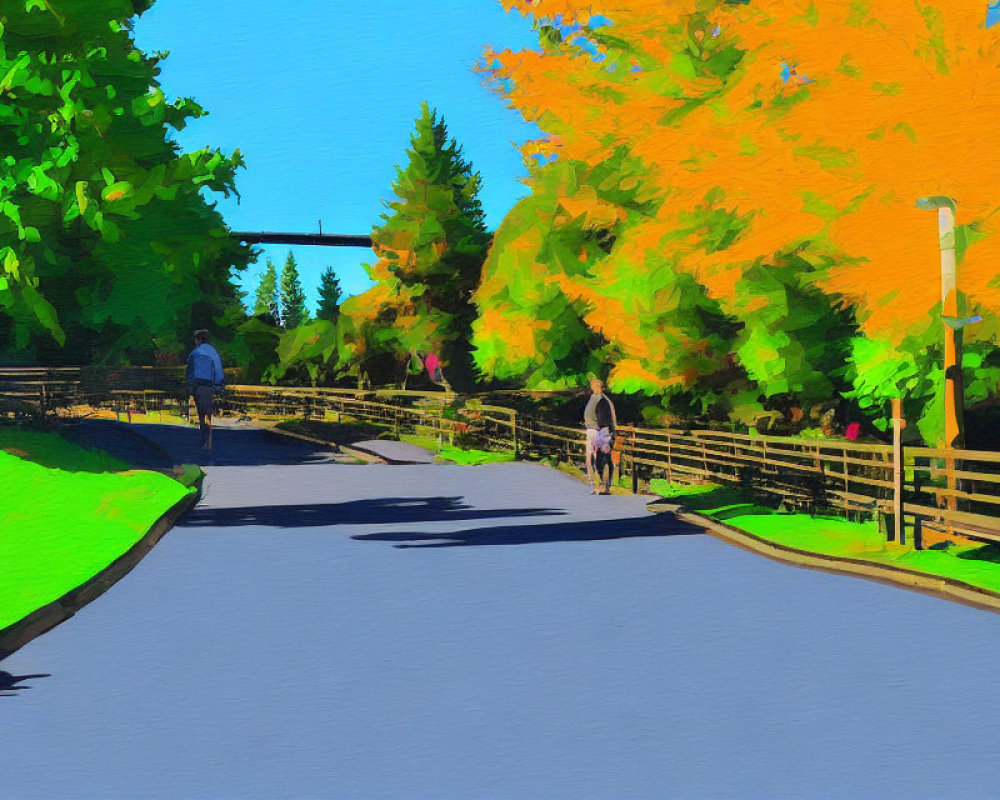 Two people walking on path with green and yellow trees and wooden fence