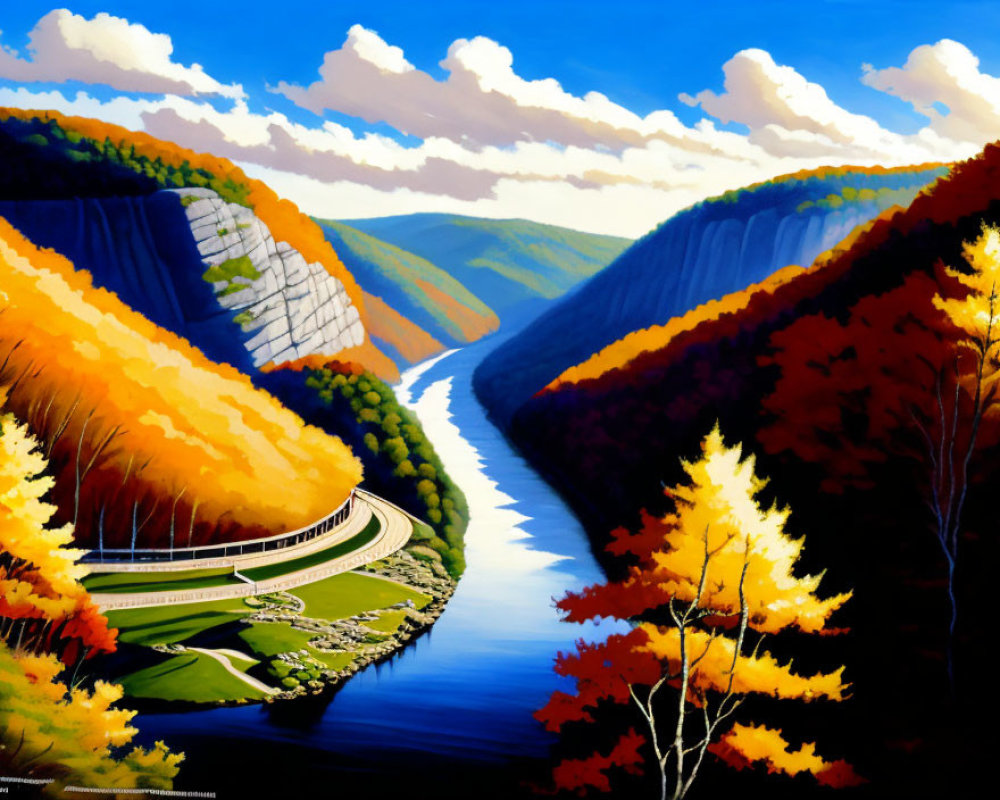 Scenic river valley painting with autumn trees and highway under blue sky