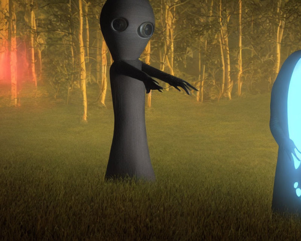 Animated alien in misty forest reaching for glowing blue object