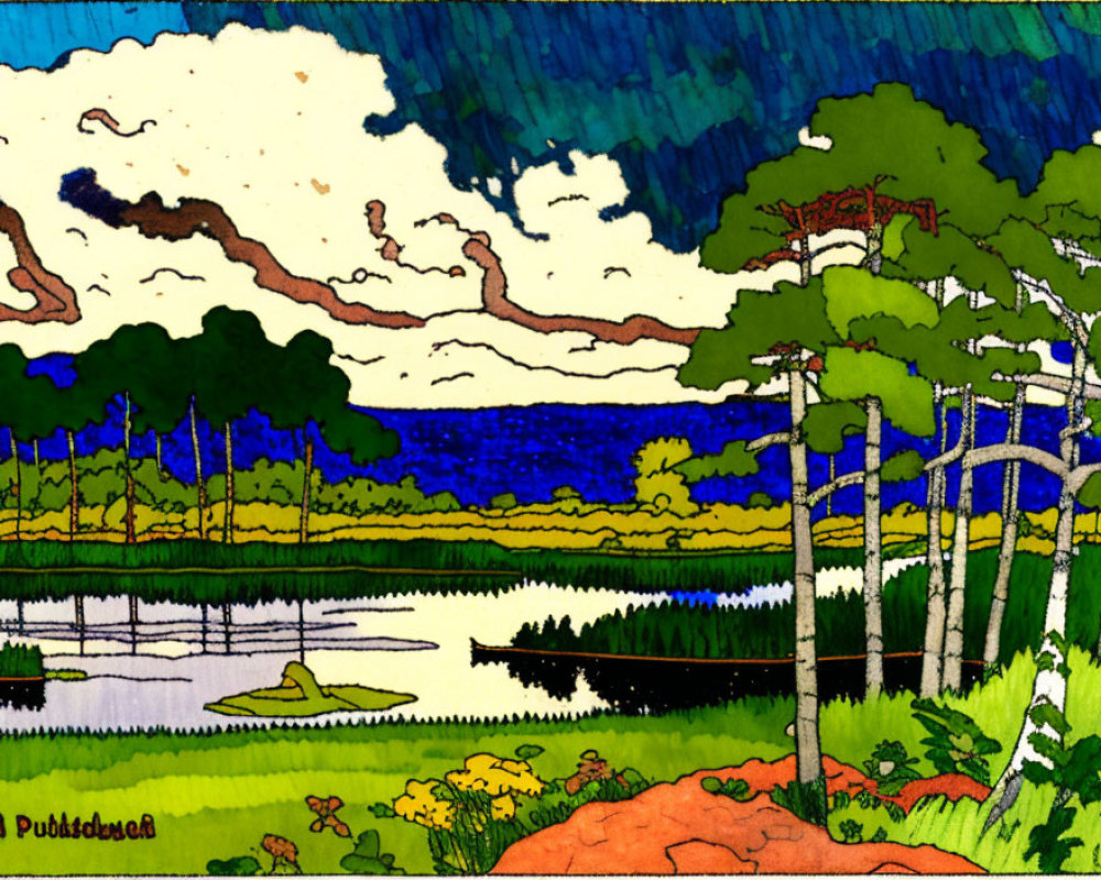 Colorful Landscape Painting with Trees, Lake, Greenery, and Dynamic Sky