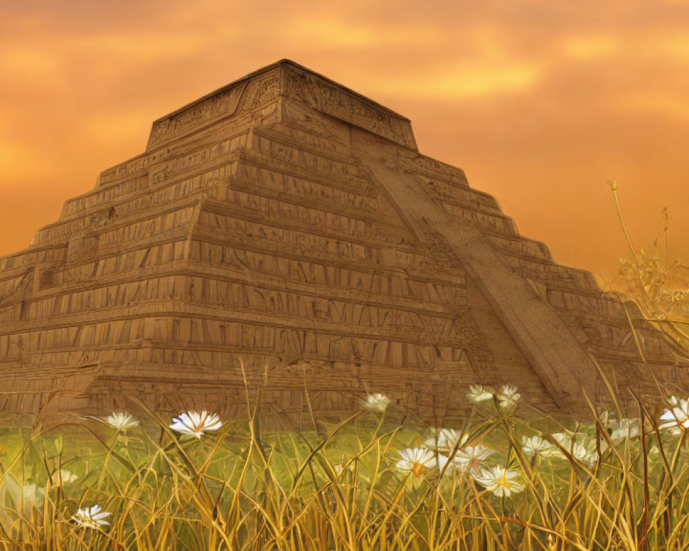 Digital image: Ziggurat-like structure in field with daisies under orange cloudy sky