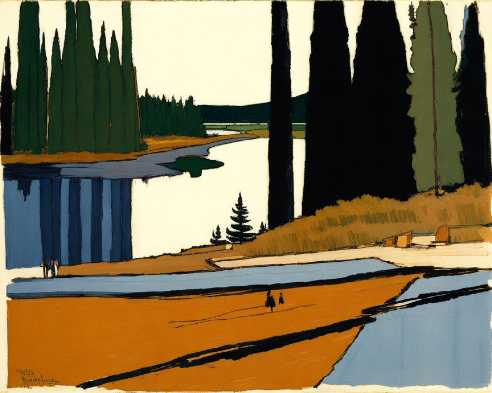 Vibrant landscape painting: river, pine trees, figures