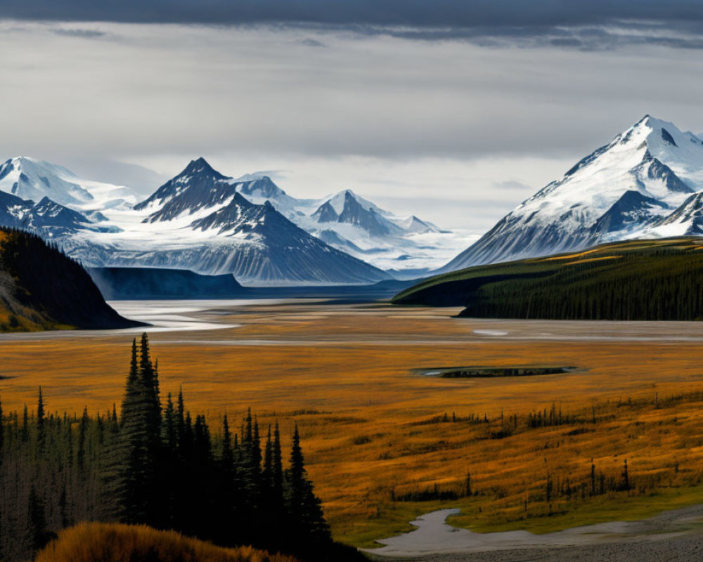 Majestic snow-capped mountains in autumn tundra landscape