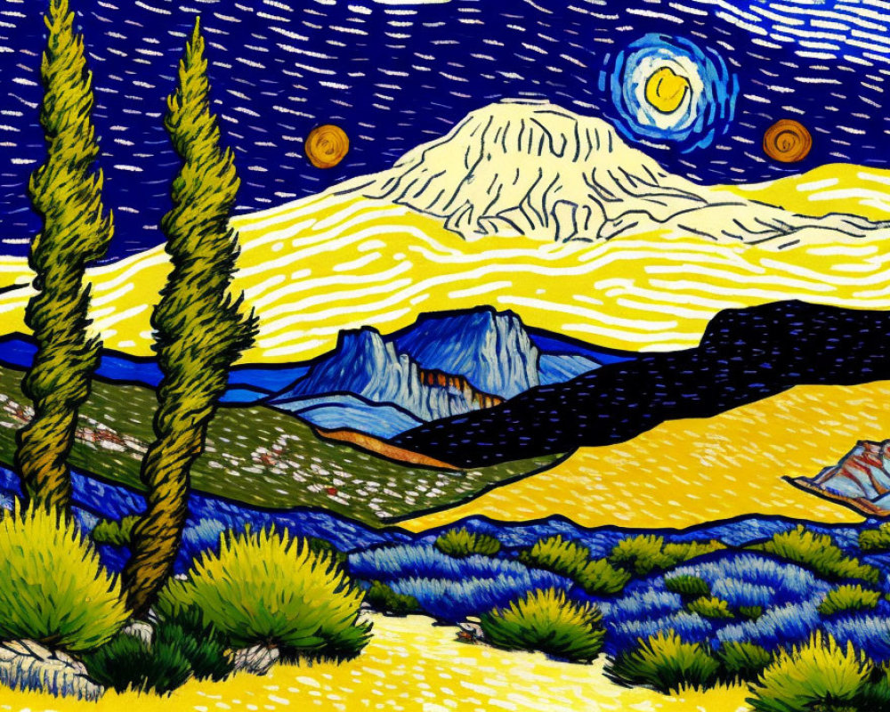 Starry night sky painting with swirling clouds, moon, stars, cypress trees, mountains, and