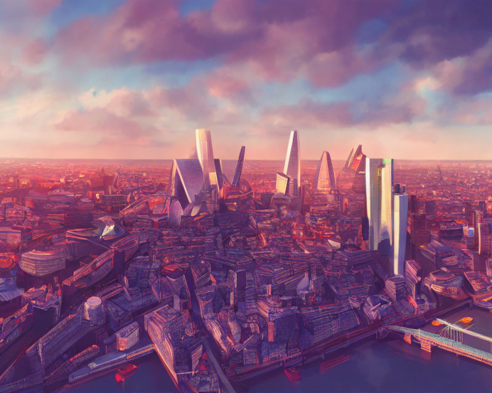 Vivid futuristic cityscape at sunset with advanced buildings, river, and clear sky.