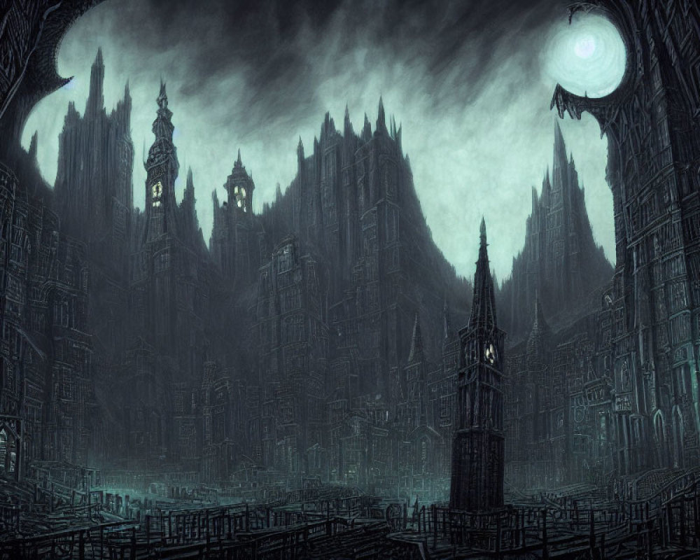 Gothic cityscape at night with towering spires and luminous moon