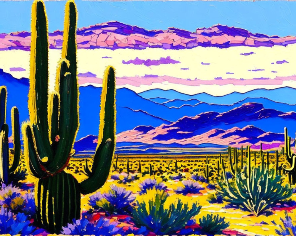 Colorful desert landscape painting with tall cacti and vibrant mountains under a colorful sky