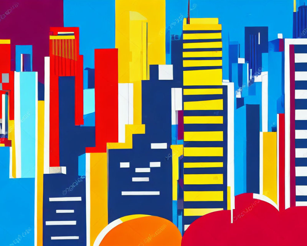 Vibrant cityscape illustration with geometric buildings under blue sky