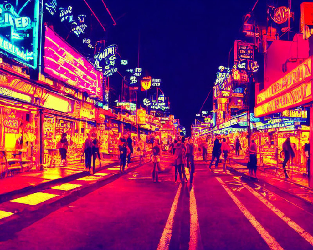 Neon-lit street at night with bustling pedestrians