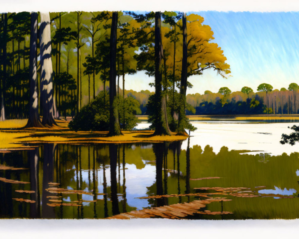 Tranquil Lake Scene with Tall Trees and Greenery