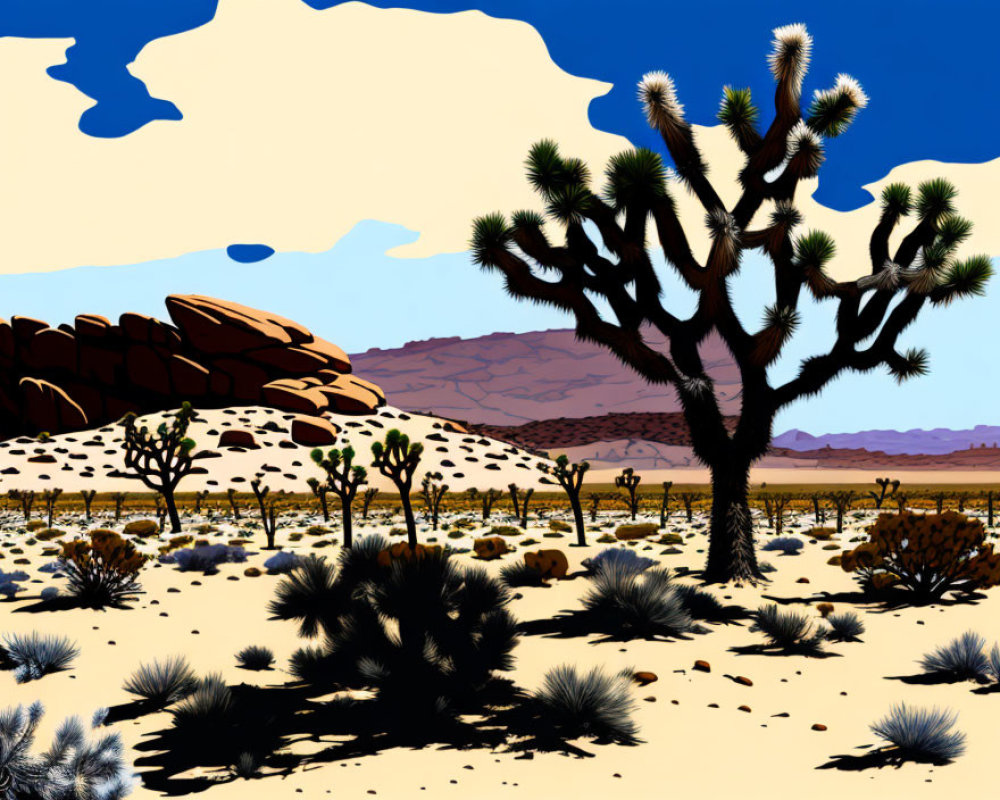 Desert scene with Joshua tree, bushes, blue sky & clouds