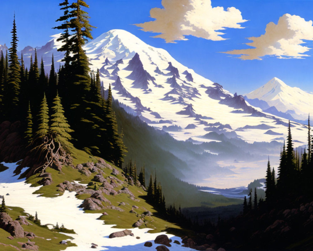 Snow-capped mountains, evergreen trees, and snowy forest under a blue sky