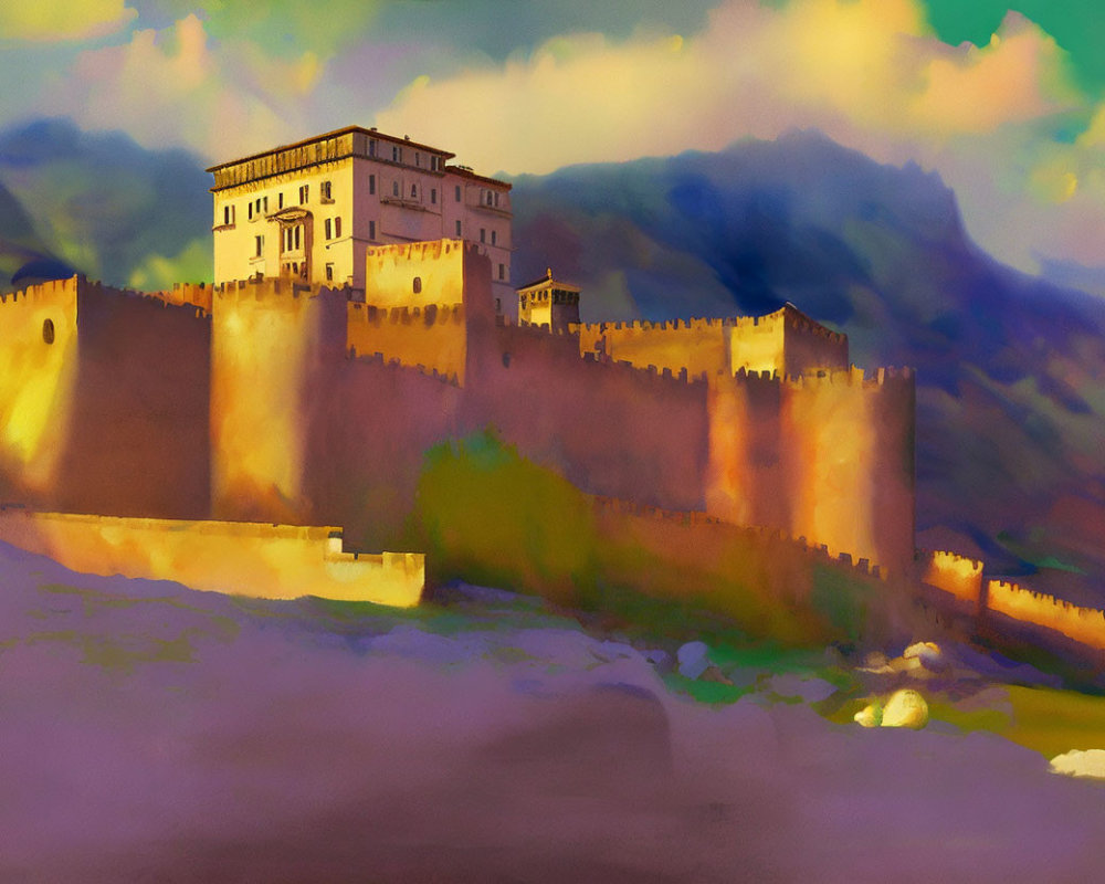 Majestic castle on hill with dramatic sky in digital painting