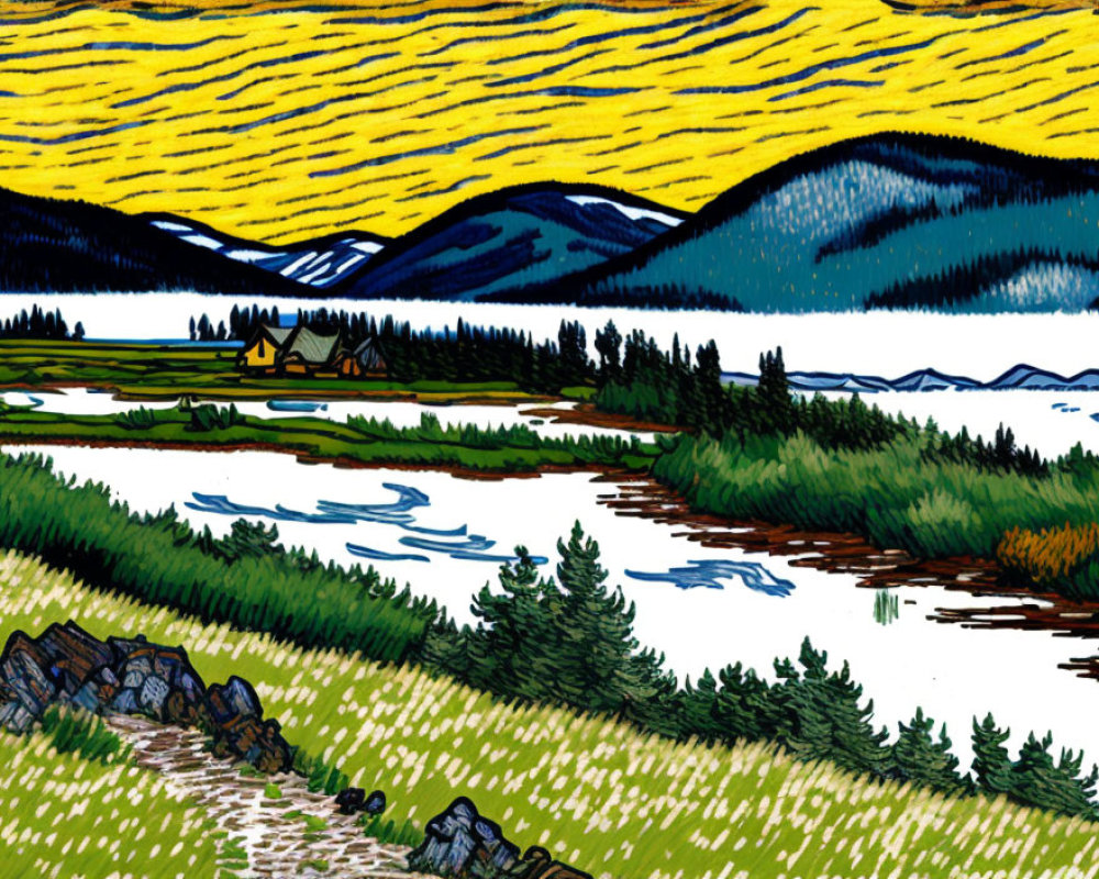 Bold-lined landscape painting: river, trees, path, house, vibrant yellow skies, blue mountains