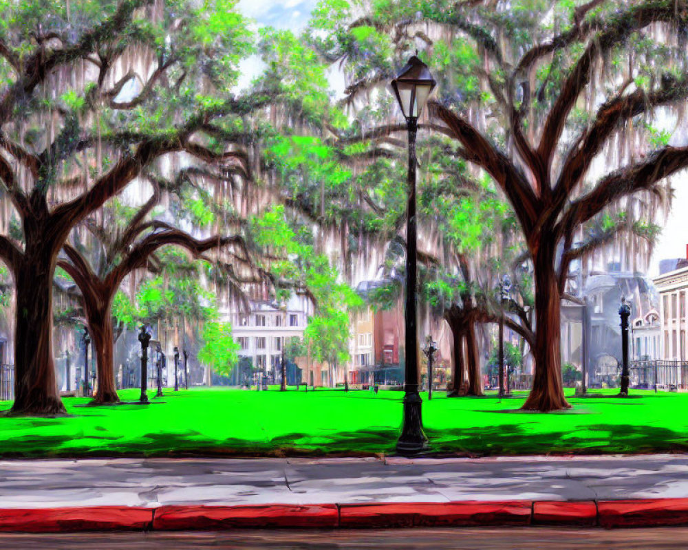 Lush Green Park with Majestic Trees and Street Lamp