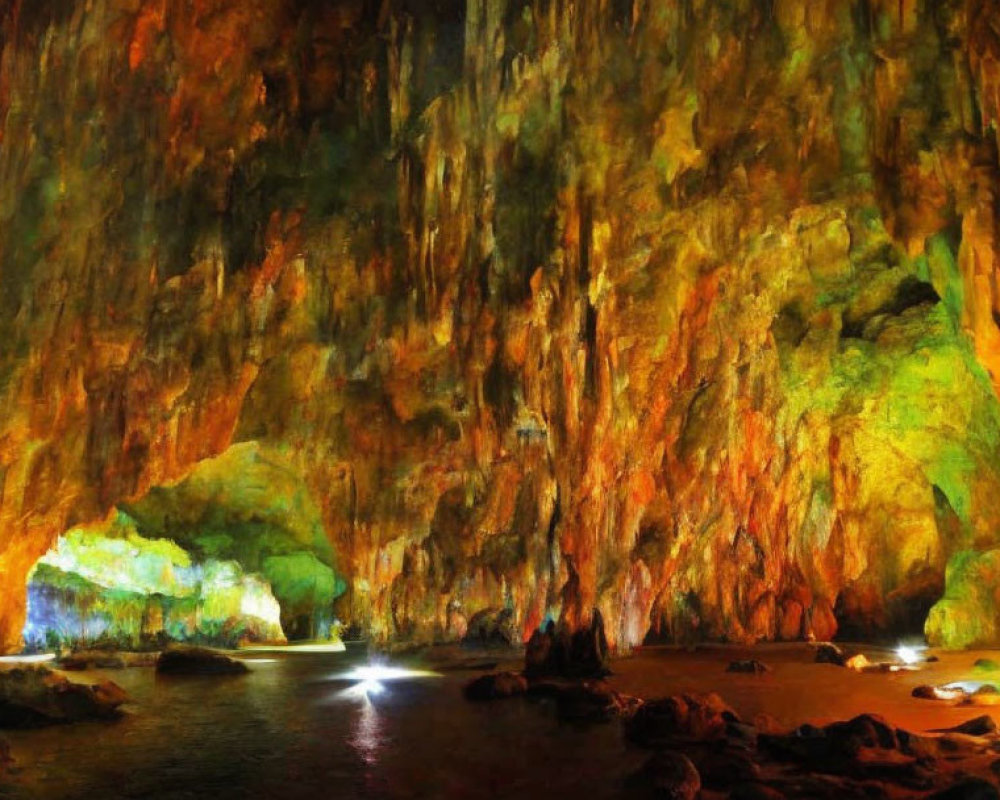 Majestic cave with stalactites, vibrant rocks, and water surface