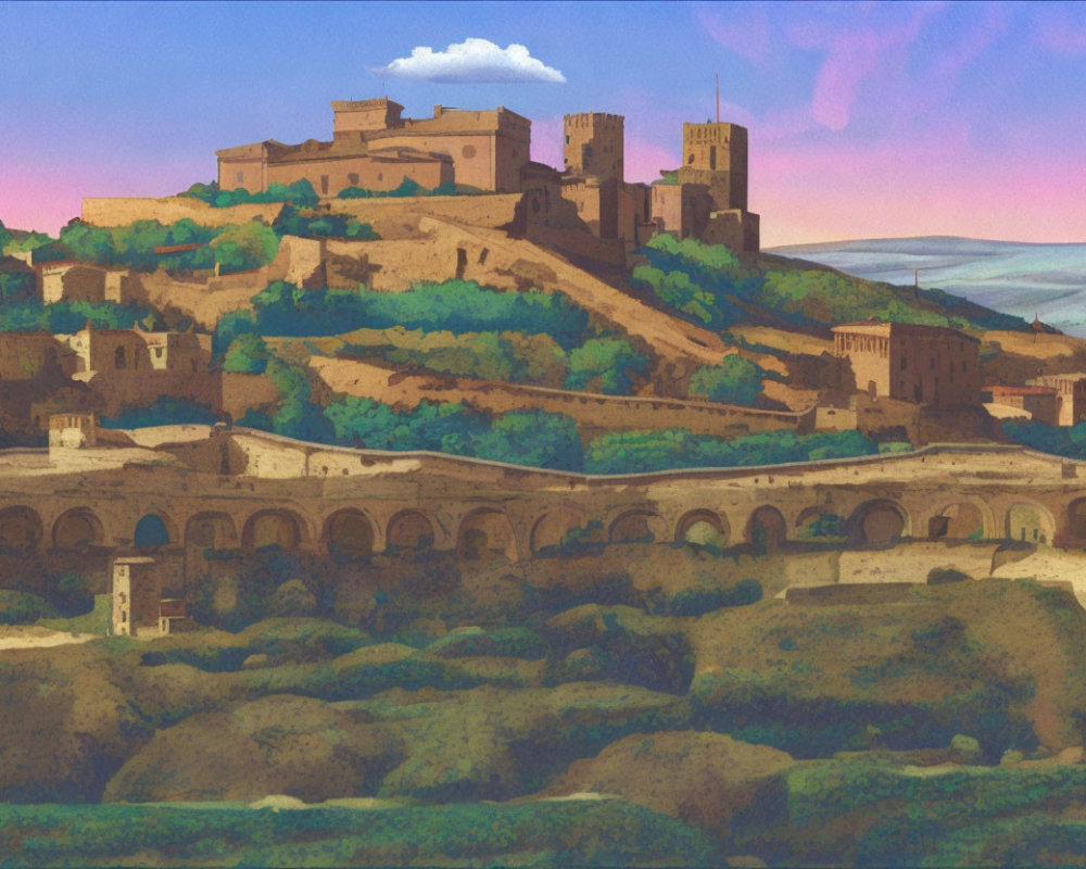 Vibrant medieval castle illustration on hill with fortified wall