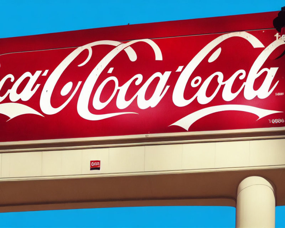 Large Red Coca-Cola Sign Against Bright Blue Sky on White Column