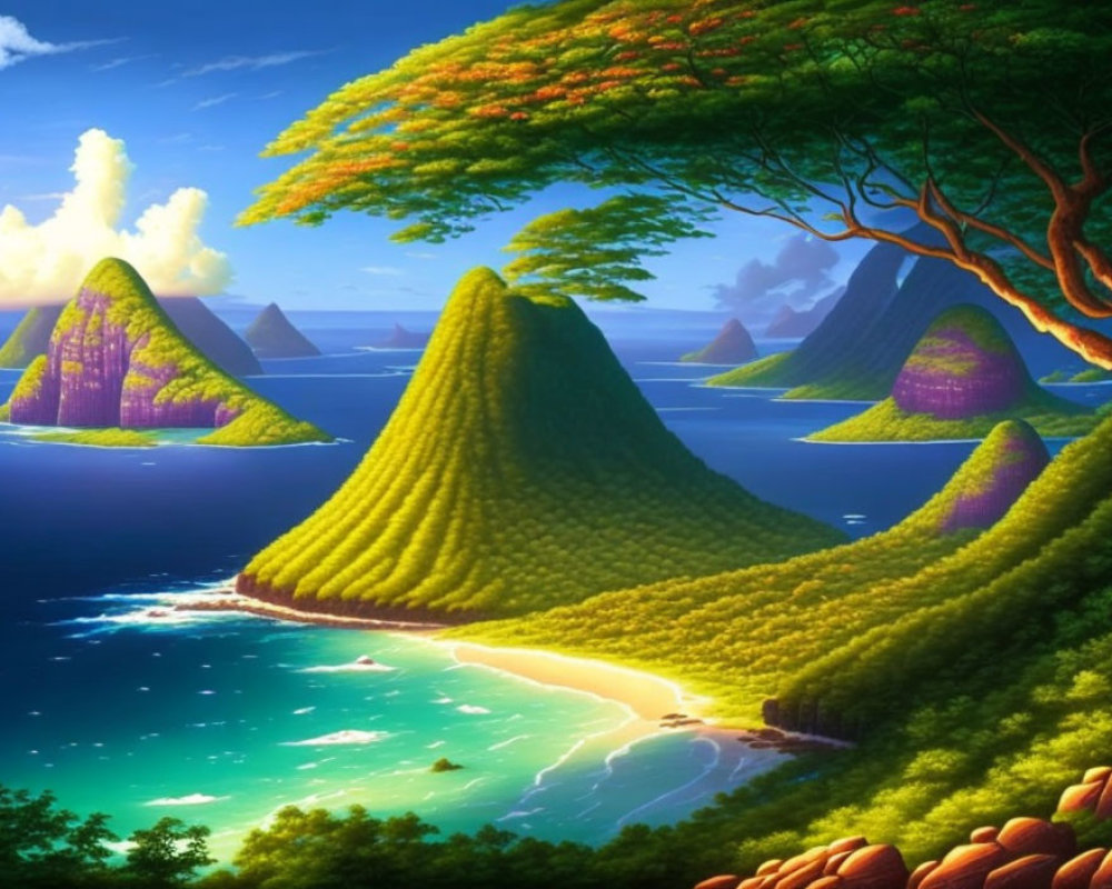 Digital artwork of serene tropical bay with lush green islands, sunny sky, crystal-clear waters, and colorful