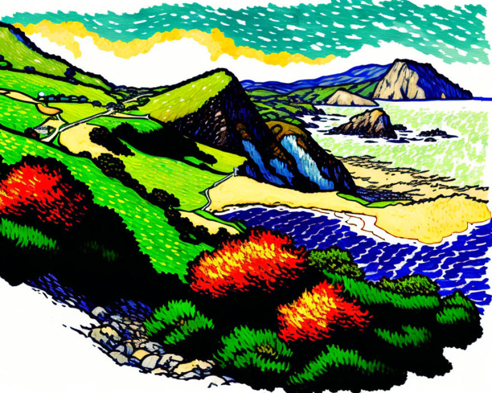 Colorful Stylized Landscape with Green Hills and Coastal Cliffs