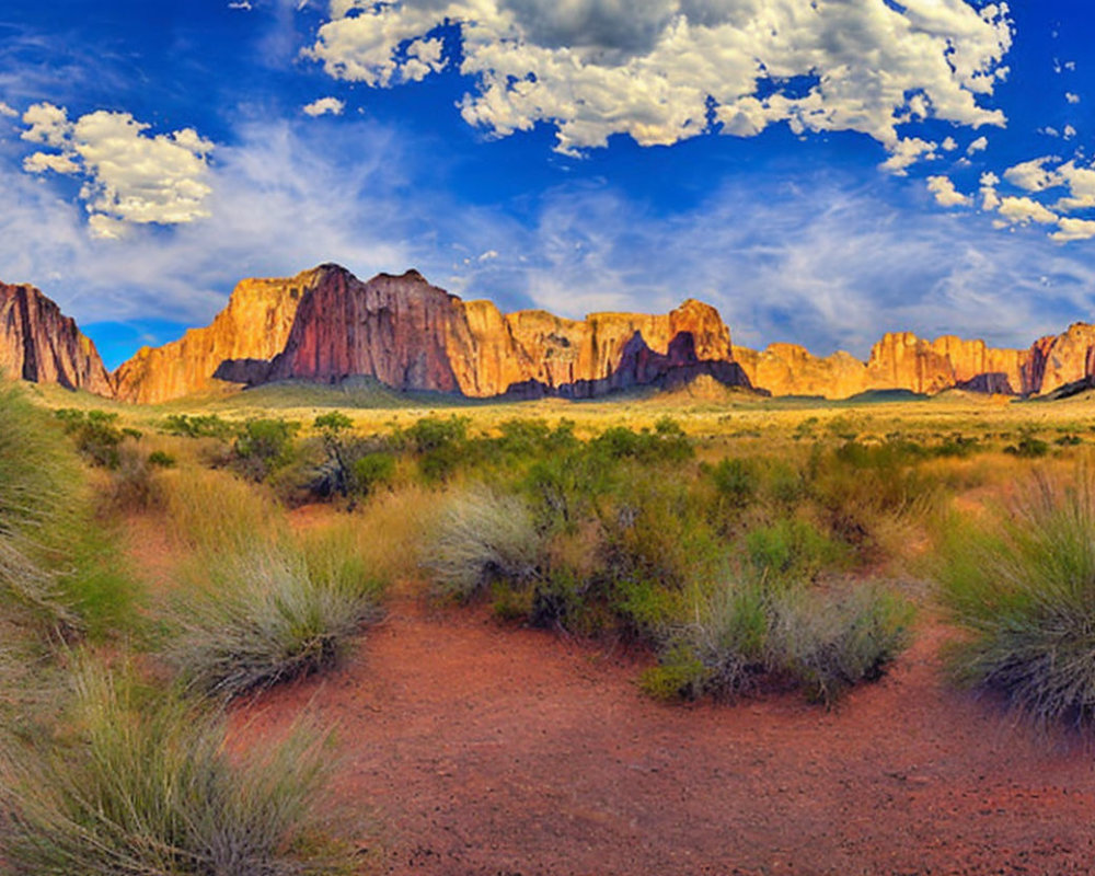 Scenic desert landscape with red soil, flat-topped mountains, and blue sky