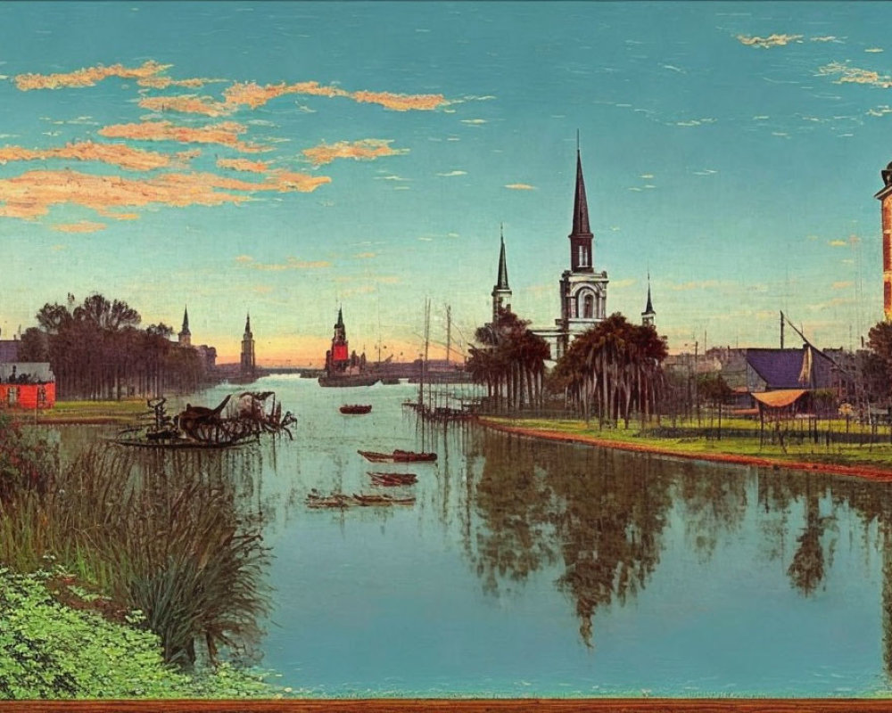 Scenic river painting with boats, buildings, and church spire under orange-tinted sky