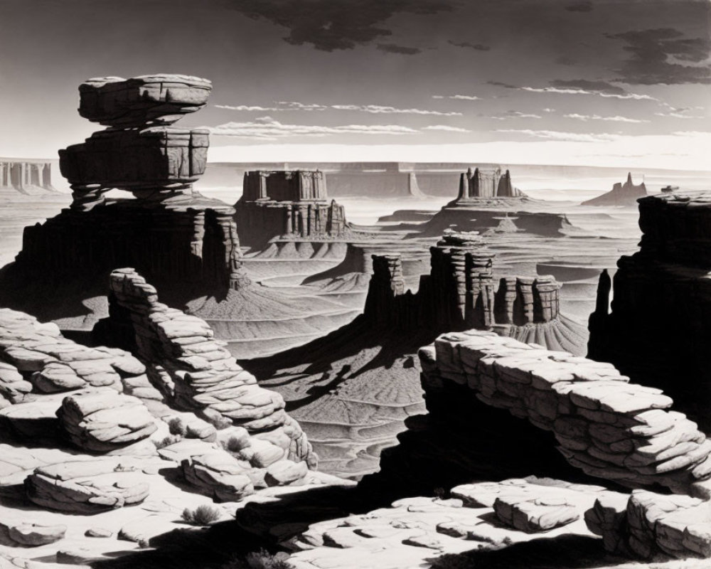 Desert landscape with rock formations under vast skies