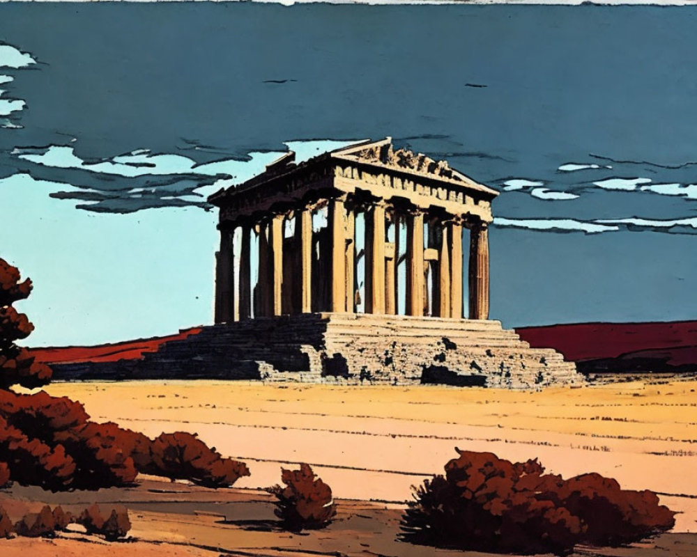 Ancient Greek temple with classical columns in barren desert landscape